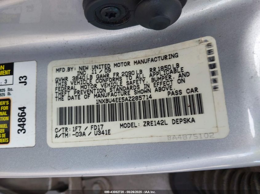 2010 Toyota Corolla S VIN: 1NXBU4EE5AZ285714 Lot: 43082728