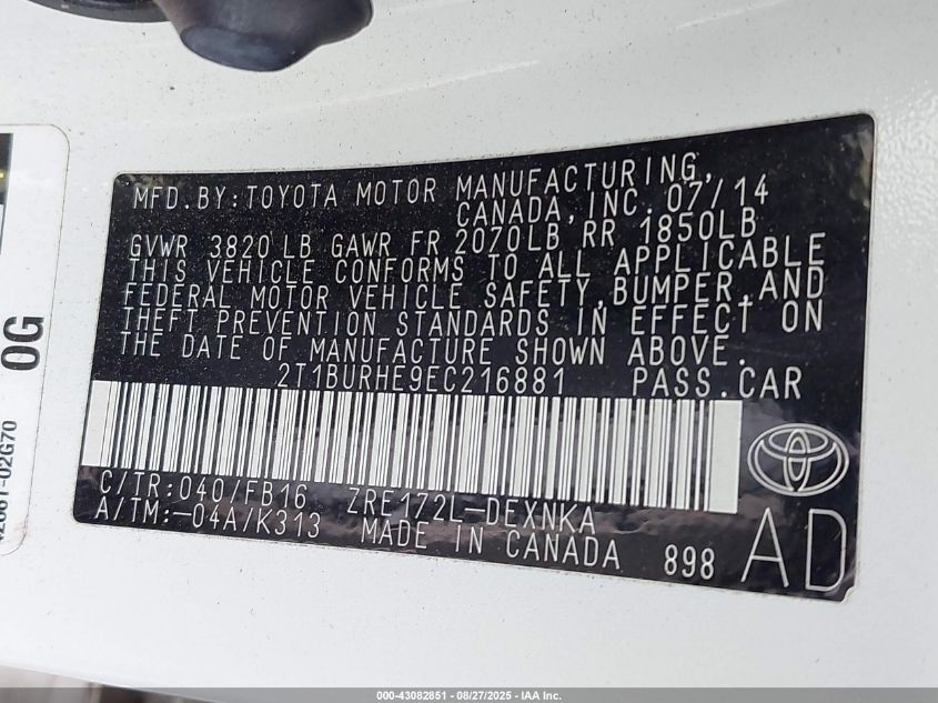 2014 Toyota Corolla Le VIN: 2T1BURHE9EC216881 Lot: 43082851