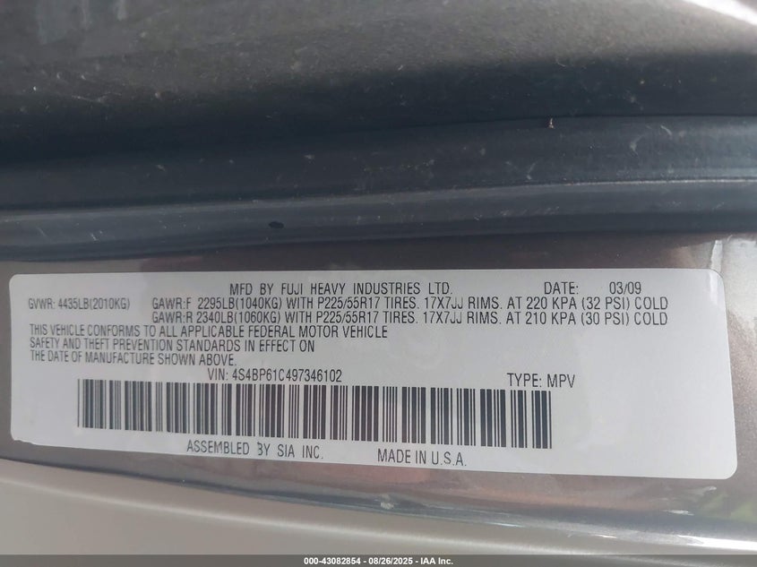 2009 Subaru Outback 2.5I VIN: 4S4BP61C497346102 Lot: 43082854