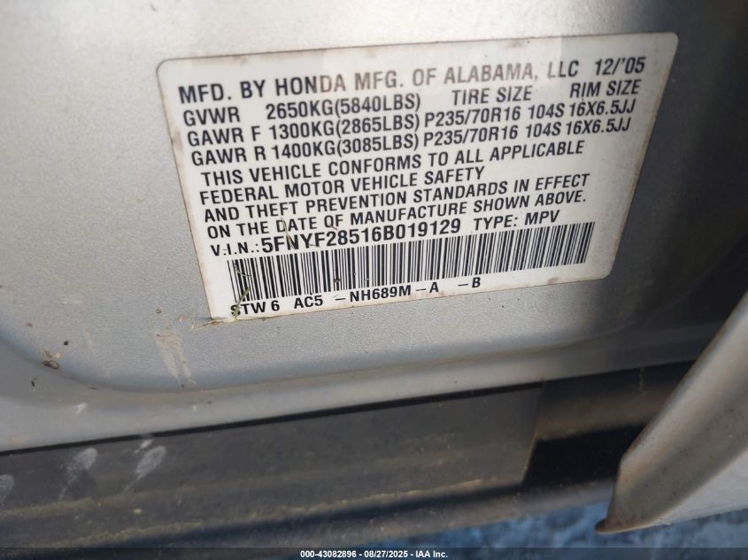 2006 Honda Pilot Ex-L VIN: 5FNYF28516B019129 Lot: 43082896