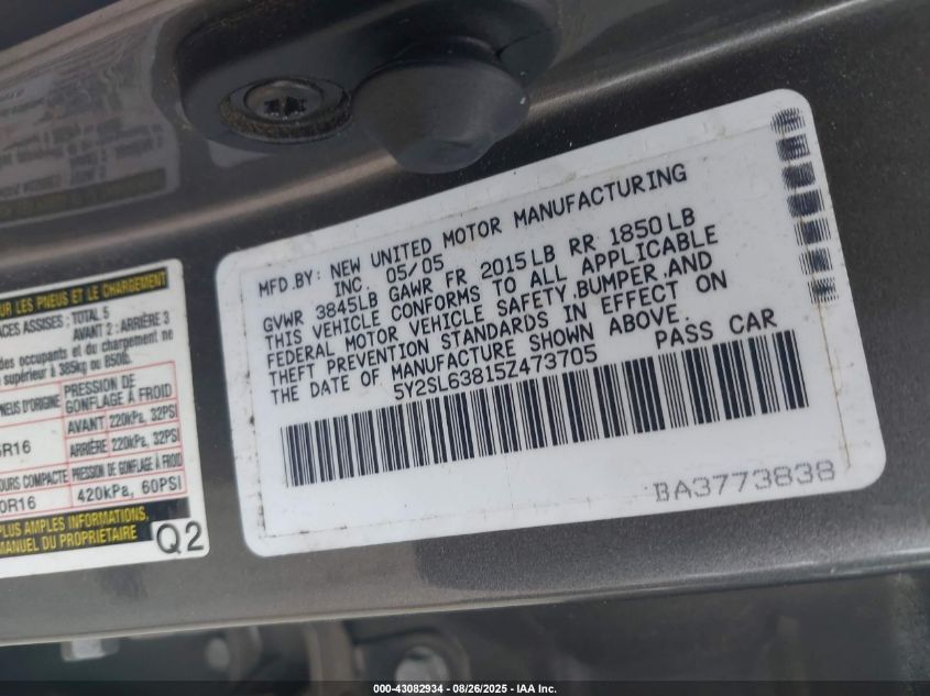 2005 Pontiac Vibe VIN: 5Y2SL63815Z473705 Lot: 43082934