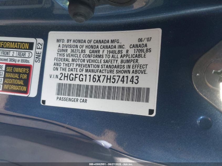 2007 Honda Civic VIN: 2HJFJ116X7H574143 Lot: 43082991