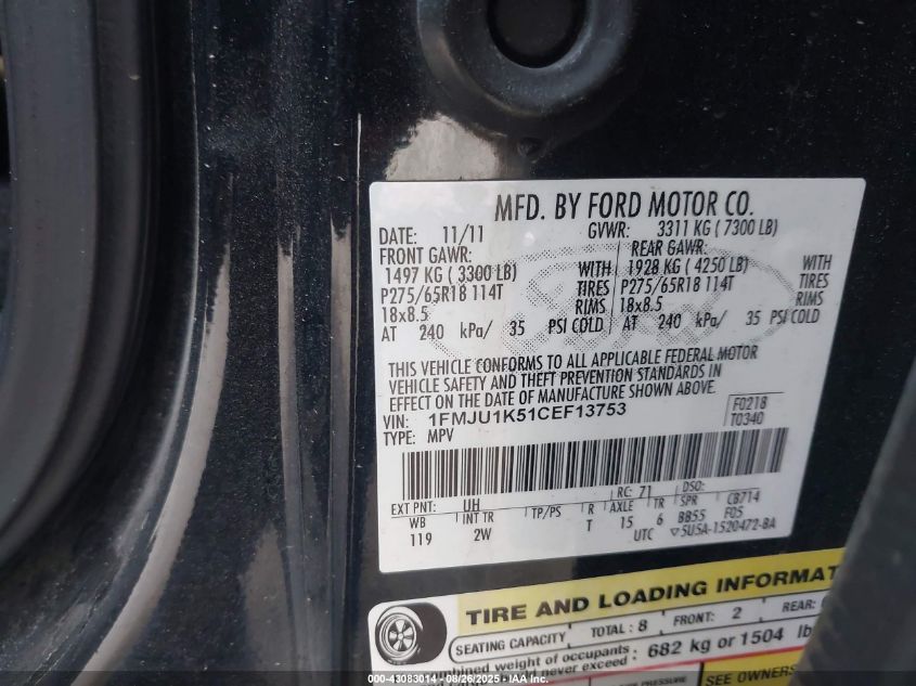 2012 Ford Expedition Limited VIN: 1FMJU1K51CEF13753 Lot: 43083014