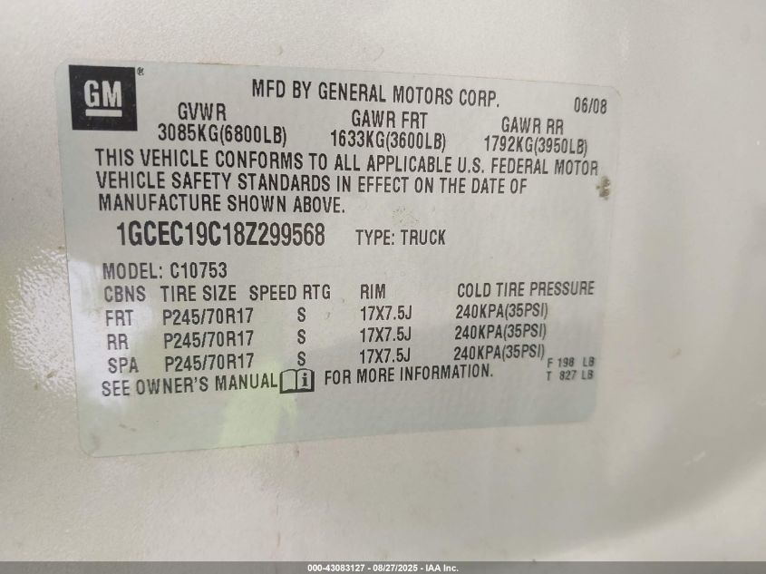 2008 Chevrolet Silverado 1500 Work Truck VIN: 1GCEC19C18Z299568 Lot: 43083127