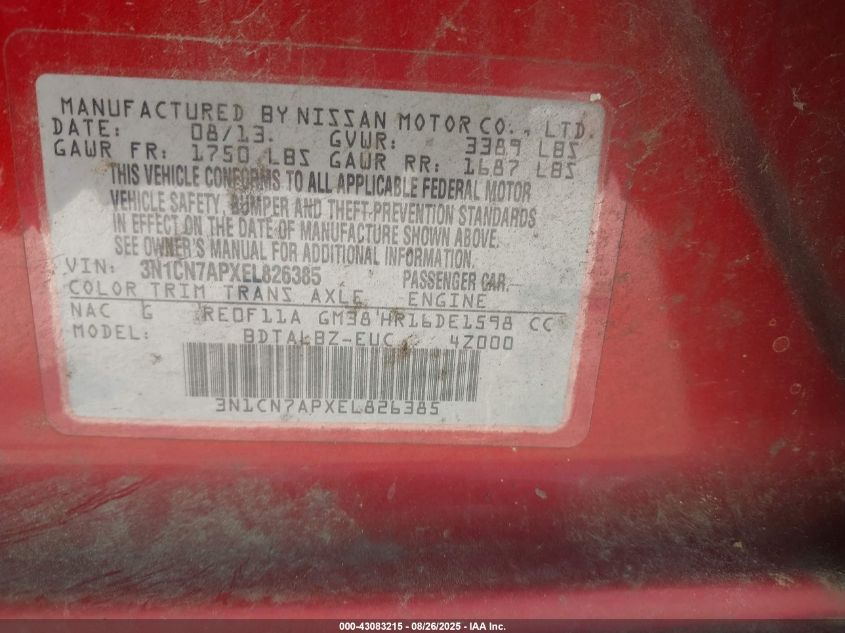 2014 Nissan Versa 1.6 Sv VIN: 3N1CN7APXEL826385 Lot: 43083215