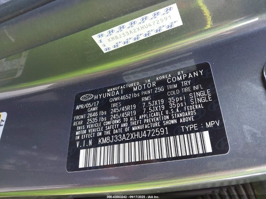 2017 Hyundai Tucson Sport VIN: KM8J33A2XHU472591 Lot: 43183194