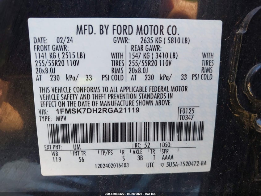 2024 FORD EXPLORER(VIN: 1FMSK7DH2RGA21119