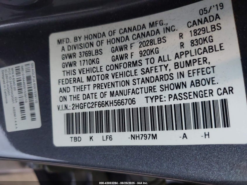 2019 HONDA CIVIC LX - 2HGFC2F66KH566706