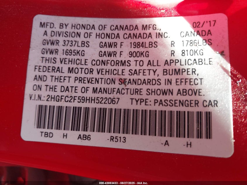 2017 HONDA CIVIC LX - 2HGFC2F59HH522067