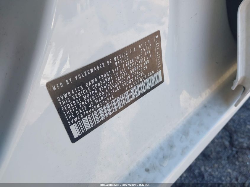 2019 Volkswagen Jetta 1.4T R-Line/1.4T S/1.4T Se VIN: 3VWCB7BU9KM209394 Lot: 43083536