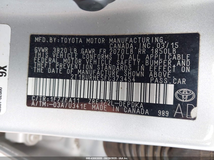 2015 Toyota Corolla VIN: 00000000000373454 Lot: 43083559