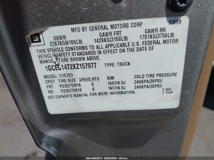 1999 Chevrolet Silverado 1500 Ls VIN: 1GCEC14T2XZ157977 Lot: 43083574