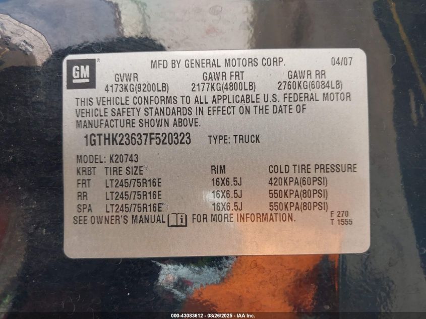 2007 GMC Sierra 2500Hd Slt VIN: 1GTHK23637F520323 Lot: 43083612