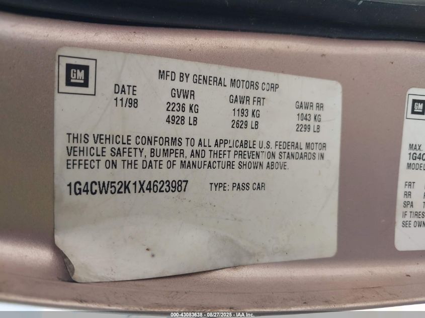 1999 Buick Park Avenue VIN: 1G4CW52K1X4623987 Lot: 43083638