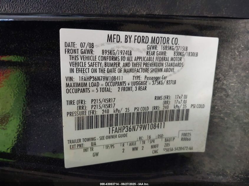 2009 Ford Focus Ses VIN: 1FAHP36N79W108411 Lot: 43083714