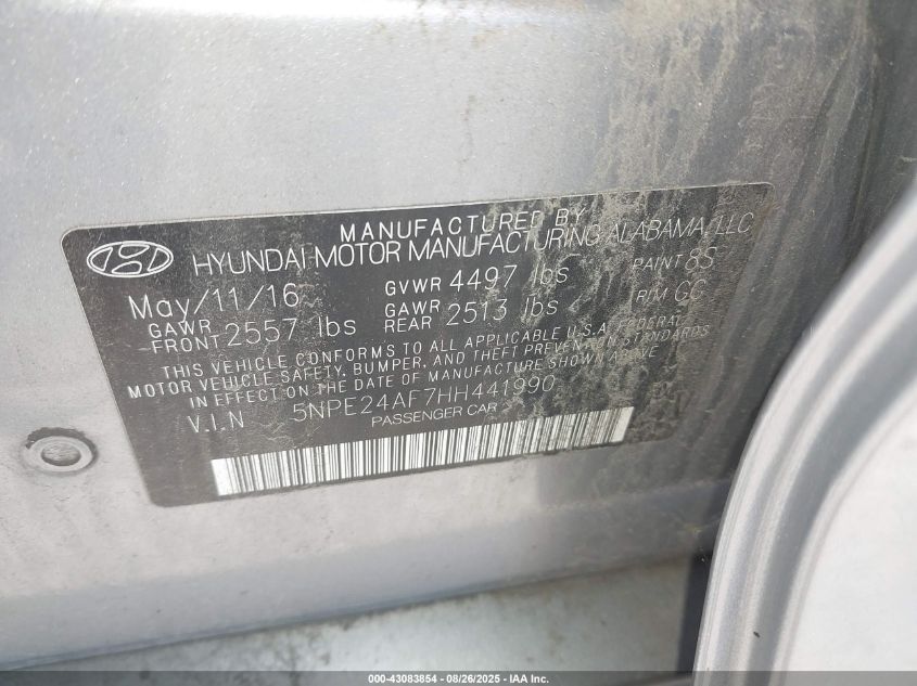 2017 Hyundai Sonata VIN: 5NPE24AF7HH441990 Lot: 43083854