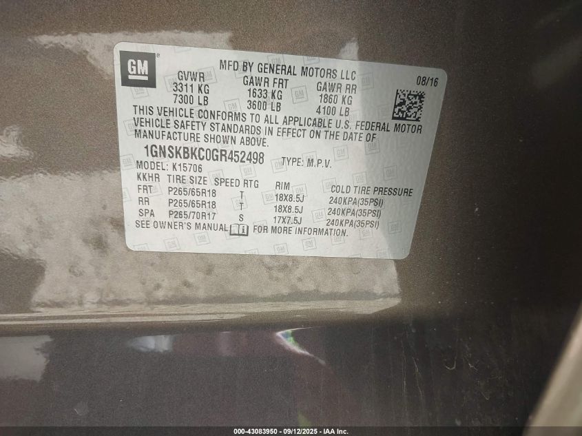 2016 Chevrolet Tahoe Lt VIN: 1GNSKBKC0GR452498 Lot: 43083950