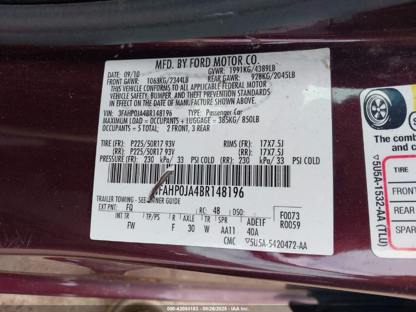 2011 Ford Fusion Sel VIN: 3FAHP0JA4BR148196 Lot: 43084183