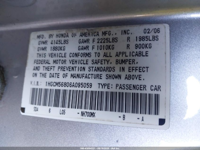 2006 Honda Accord 2.4 Ex VIN: 1HGCM56806A095059 Lot: 43084321