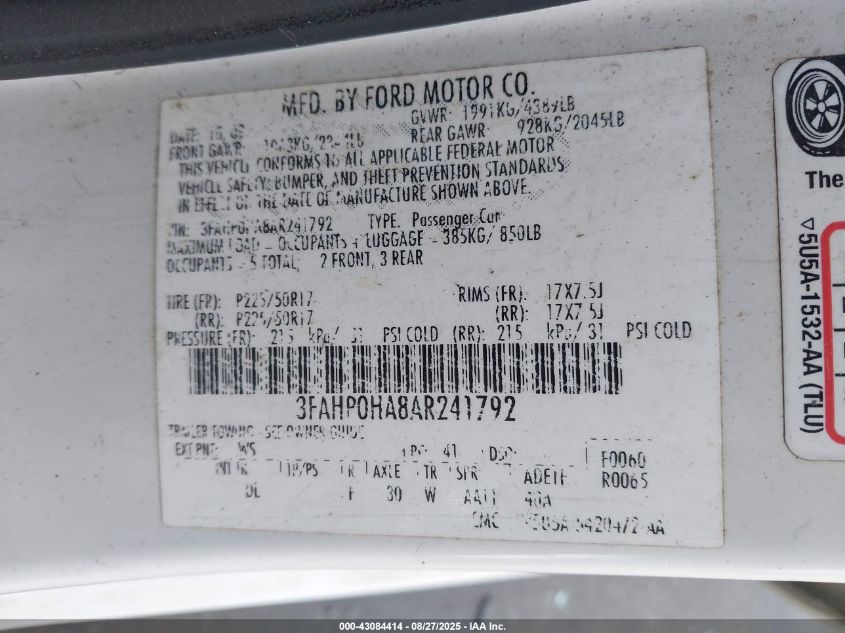 2010 Ford Fusion Se VIN: 3FAHP0HA8AR241792 Lot: 43084414