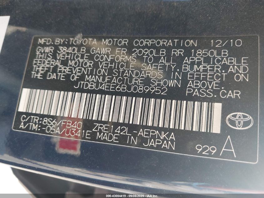 2011 Toyota Corolla Le VIN: JTDBU4EE6BJ089952 Lot: 43084419