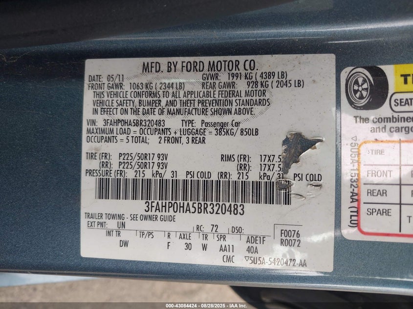 2011 Ford Fusion Se VIN: 3FAHP0HA5BR320483 Lot: 43084424