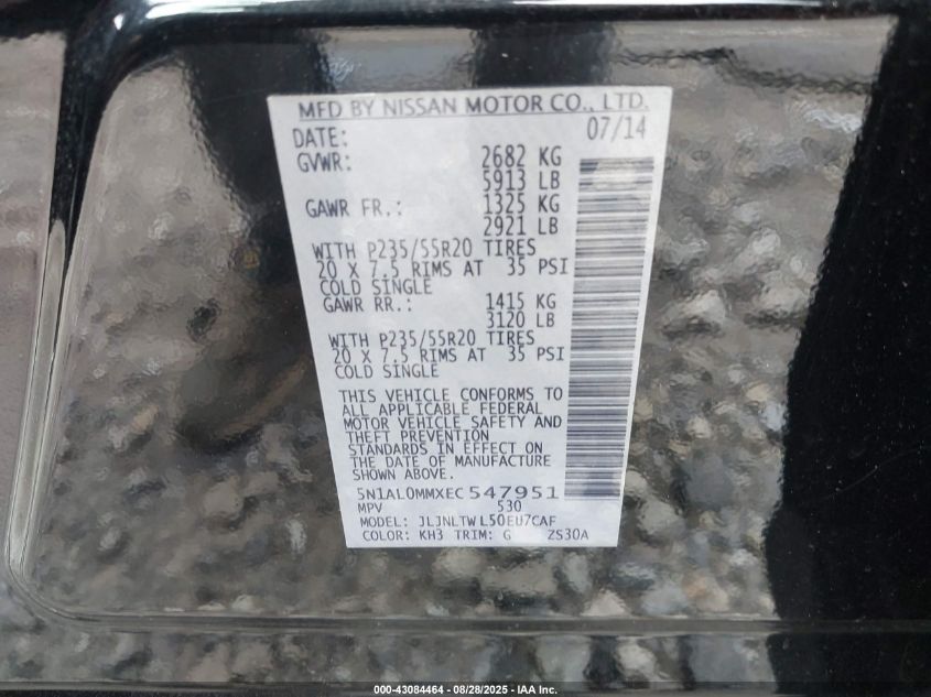 2014 Infiniti Qx60 VIN: 5N1AL0MMXEC547951 Lot: 43084464