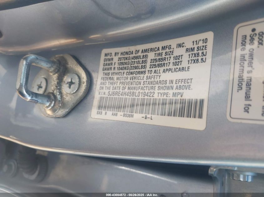 2011 Honda Cr-V Se VIN: 5J6RE4H45BL019422 Lot: 43084572