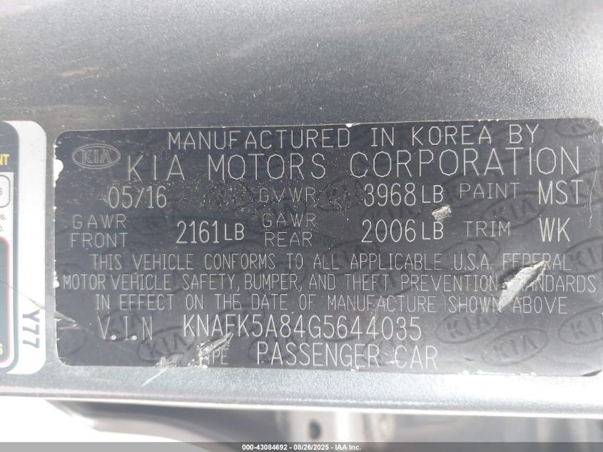 2016 Kia Forte Lx VIN: KNAFK5A84G5644035 Lot: 43084692