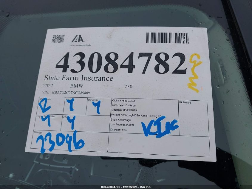 2022 BMW 750 I xDrive VIN: WBA7U2C07NCG89809 Lot: 43084782