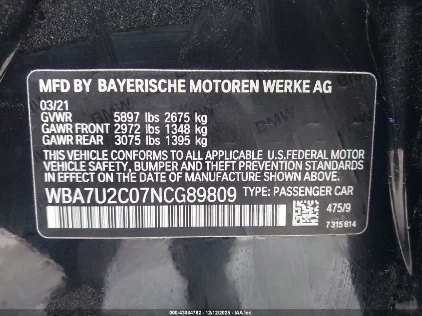 2022 BMW 750 I xDrive VIN: WBA7U2C07NCG89809 Lot: 43084782