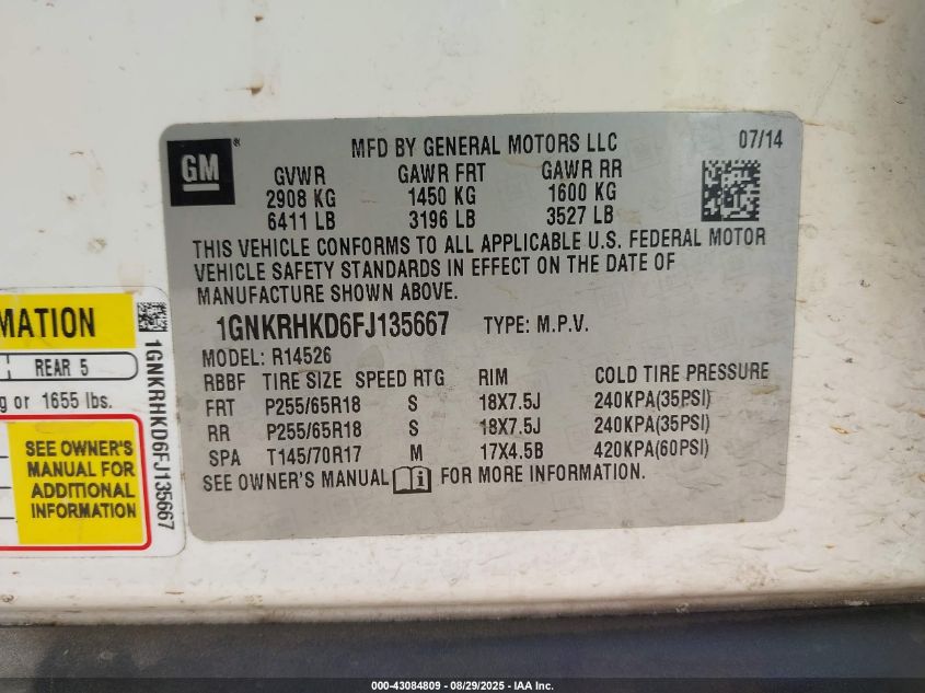 2015 Chevrolet Traverse VIN: 1GNKRHKD6FJ135667 Lot: 43084809