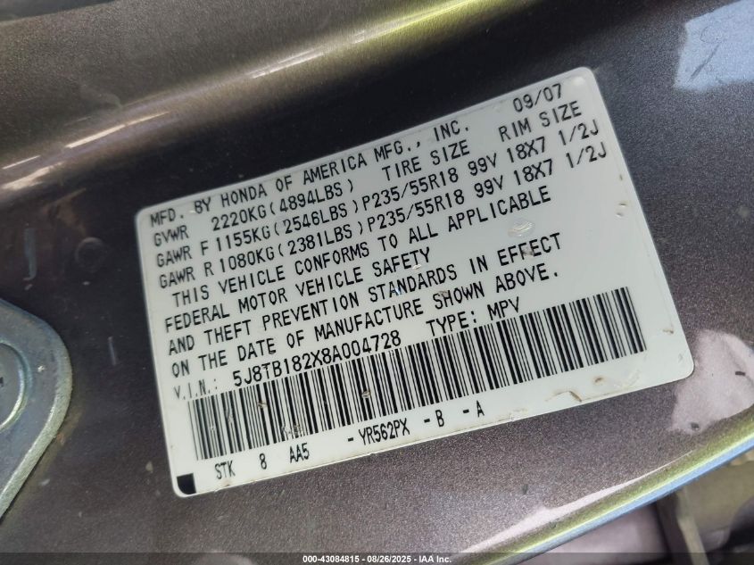 2008 Acura Rdx VIN: 5J8TB182X8A004728 Lot: 43084815