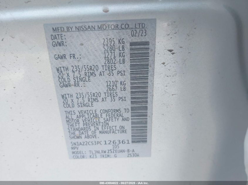 2023 Nissan Murano Sl Intelligent Awd VIN: 5N1AZ2CS3PC126361 Lot: 43084822