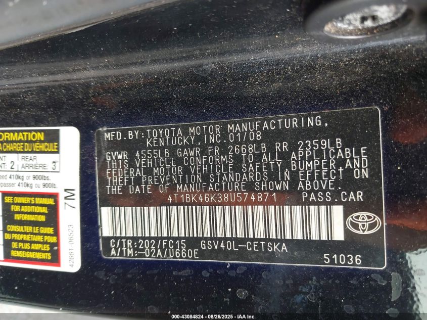 2008 Toyota Camry Se V6 VIN: 4T1BK46K38U574871 Lot: 43084824
