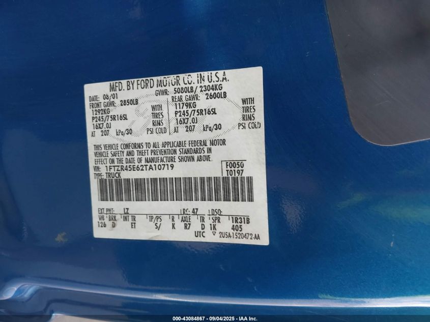 2002 Ford Ranger Edge/Xlt VIN: 1FTZR45E62TA10719 Lot: 43084867