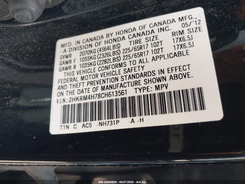 2012 Honda Cr-V Ex-L VIN: 2HKRM4H78CH613561 Lot: 43084909