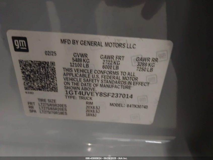 2025 GMC Sierra 3500Hd 4Wd Standard Bed At4 VIN: 1GT4UVEY8SF237014 Lot: 43085024