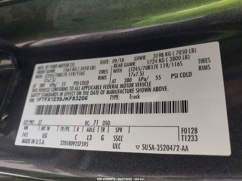 2018 Ford F150 Xlt VIN: 1FTFX1E59JKF83206 Lot: 43085075