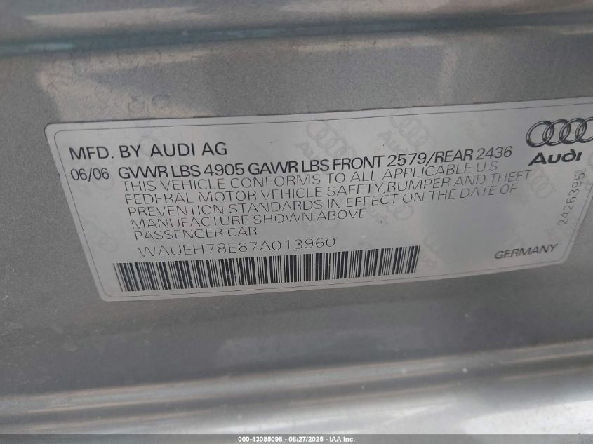 2007 Audi A4 3.2 VIN: WAUEH78E67A013960 Lot: 43085098