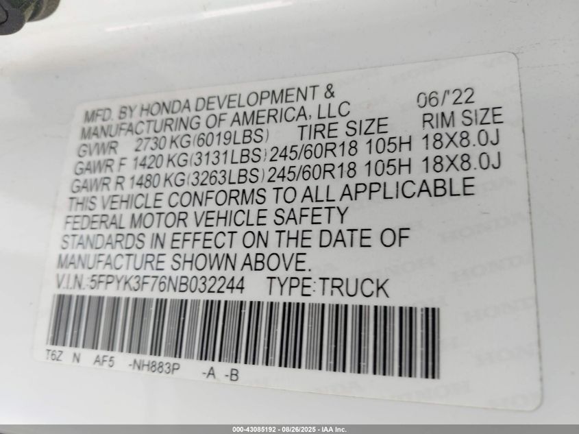 2022 Honda Ridgeline - 5FPYK3F76NB032244