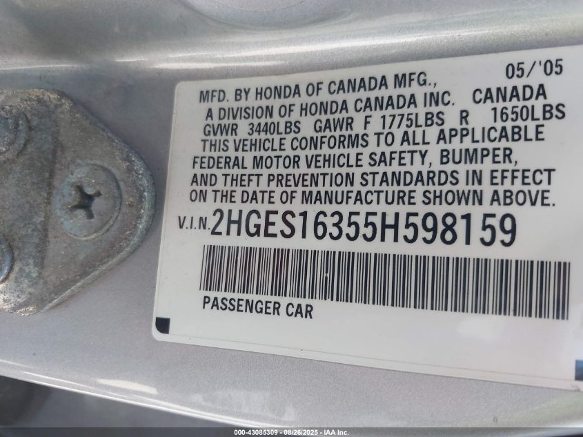 2005 Honda Civic Vp VIN: 2HGES16355H598159 Lot: 43085309