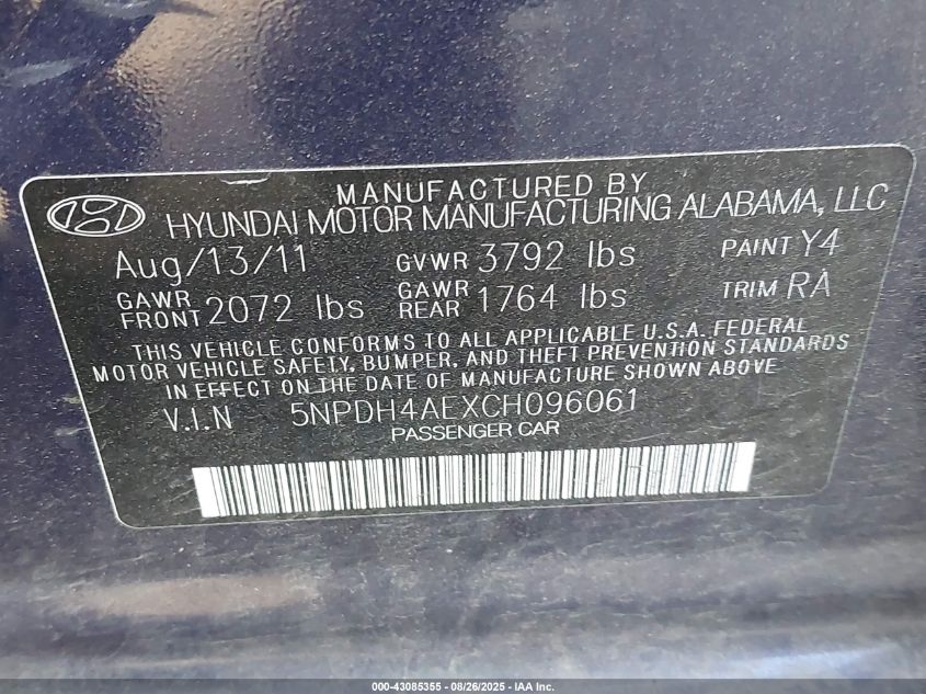 2012 Hyundai Elantra Gls VIN: 5NPDH4AEXCH096061 Lot: 43085355