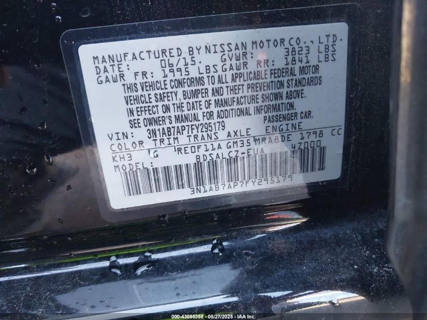 2015 Nissan Sentra S VIN: 3N1AB7AP7FY295179 Lot: 43085358