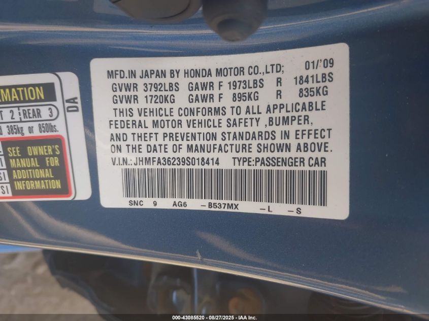 2009 Honda Civic Hybrid VIN: JHMFA36239S018414 Lot: 43085520