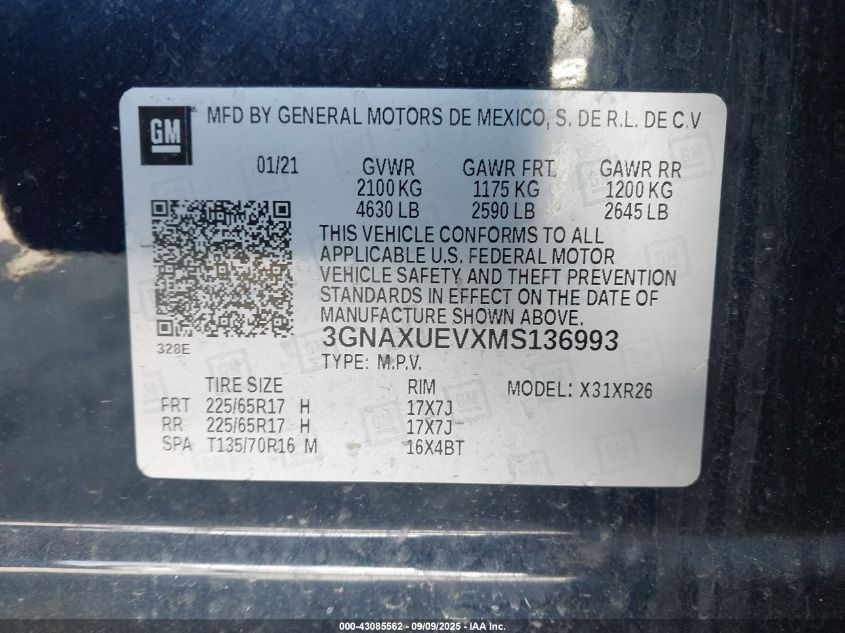 2021 Chevrolet Equinox Awd Lt VIN: 3GNAXUEVXMS136993 Lot: 43085562