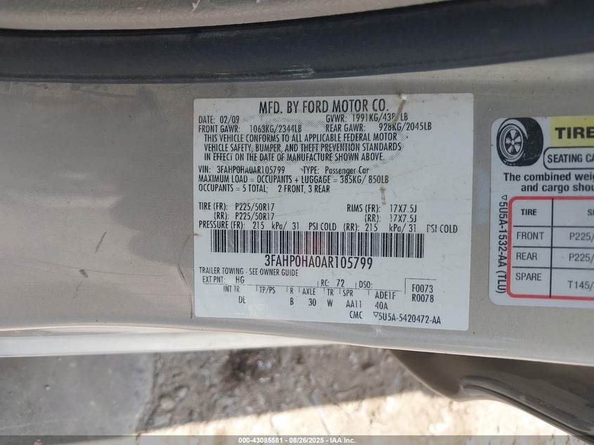 2010 Ford Fusion Se VIN: 3FAHP0HA0AR105799 Lot: 43085581