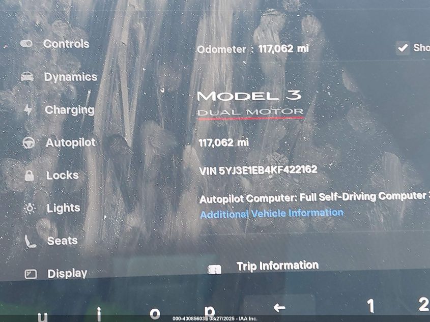 2019 Tesla Model 3 Long Range/Performance VIN: 5YJ3E1EB4KF422162 Lot: 43085603