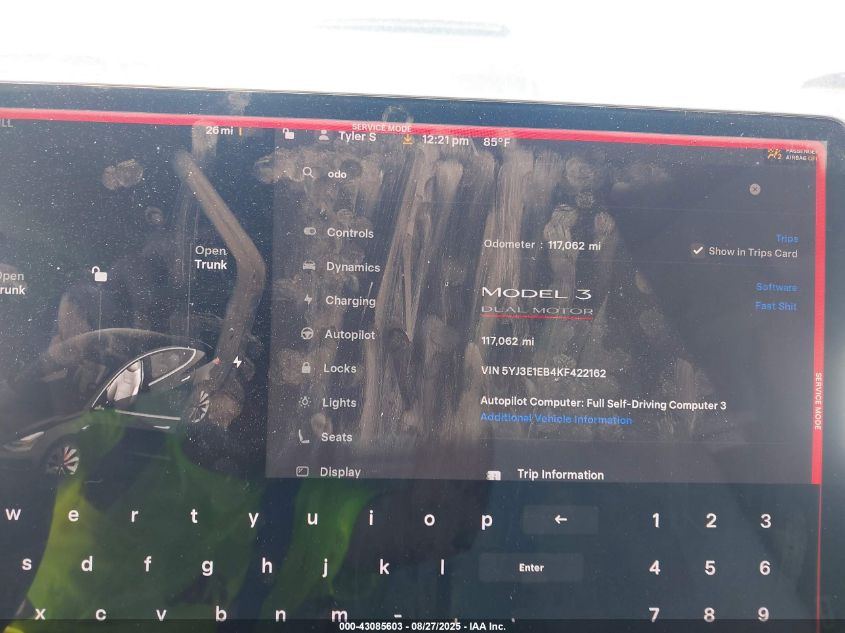 2019 Tesla Model 3 Long Range/Performance VIN: 5YJ3E1EB4KF422162 Lot: 43085603