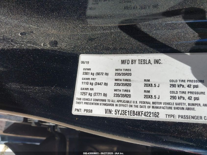 2019 Tesla Model 3 Long Range/Performance VIN: 5YJ3E1EB4KF422162 Lot: 43085603